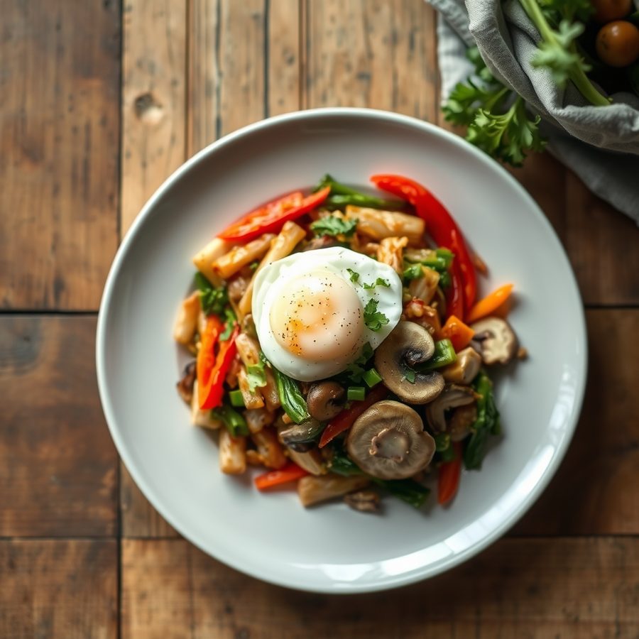 Stir-fried Veggies and Poached Egg